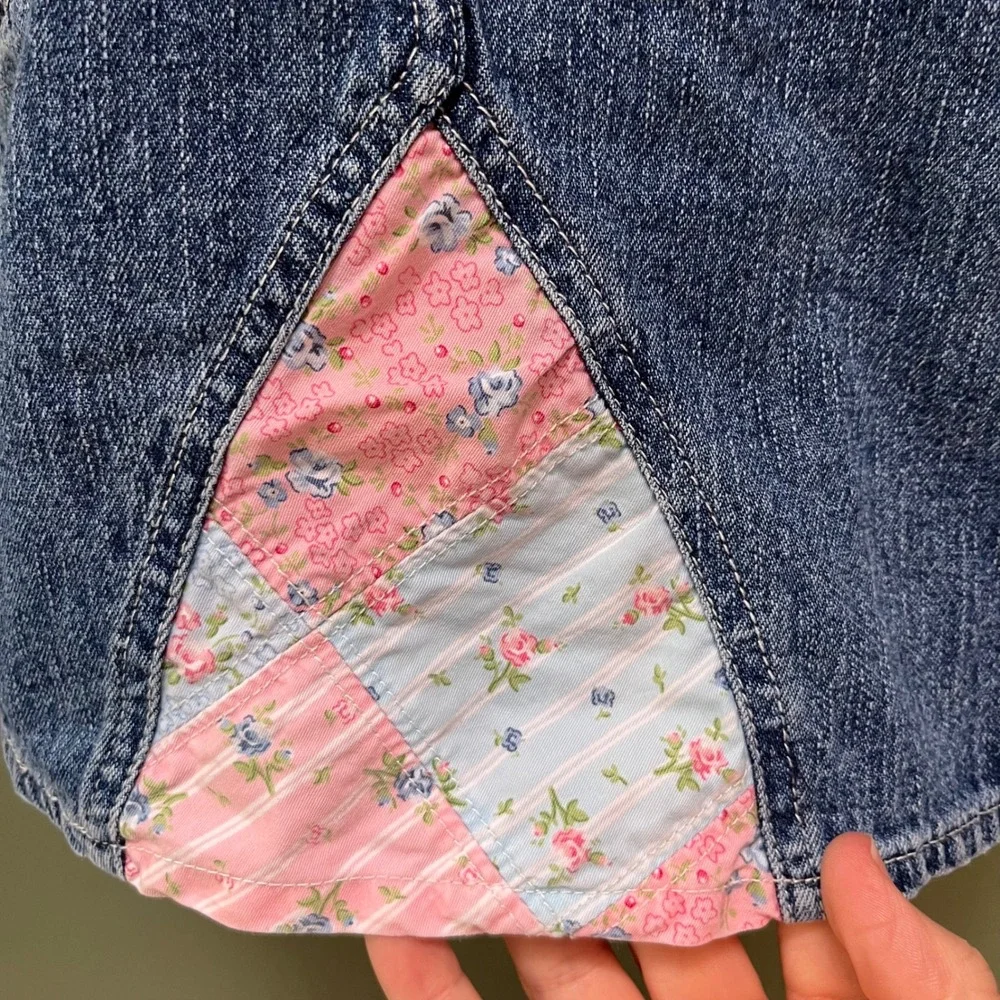 OshKosh Bgosh Girls 18M Blue Denim Floral‎ Patchwork Embroidered Overall Dress
